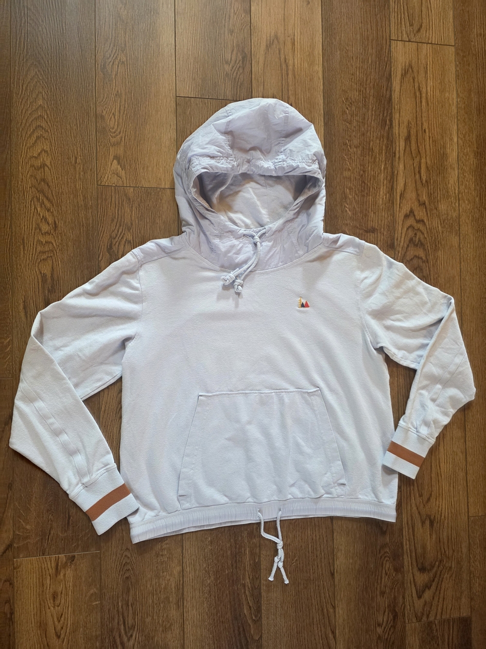 REI Light Blue Hooded Pullover with Tan Cuff Stripes